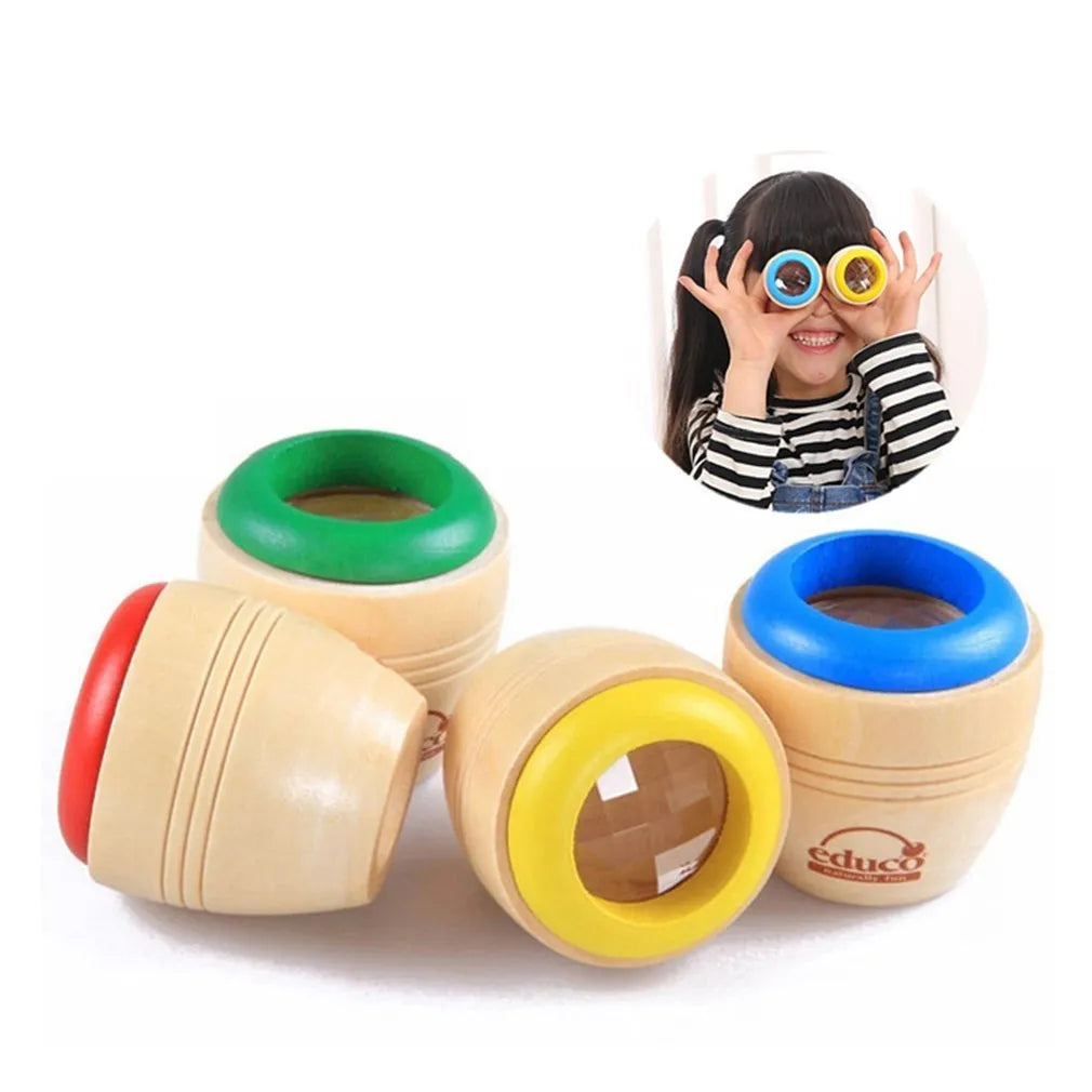Wooden magic kaleidoscope with water-based paint, rotating effect, 5x5.5cm size, blue, green, red, yellow colours