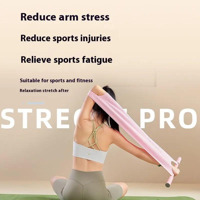 Grey and pink yoga multi-function stretching tool made of iron and plastic for shoulder and hip flexibility.