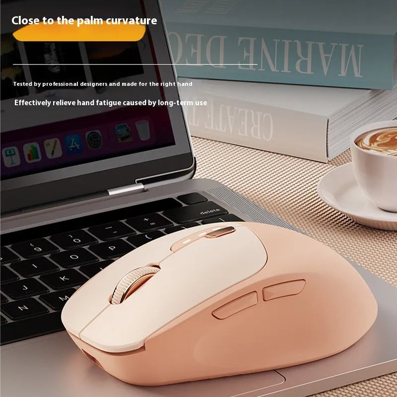 Compact mute wireless Bluetooth mouse in matcha green colour on a wooden desk