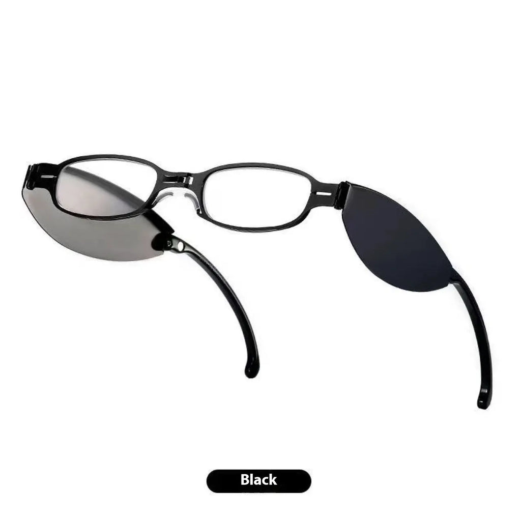 Black folding presbyopic glasses with retro ring-style frame, shown open and collapsed.