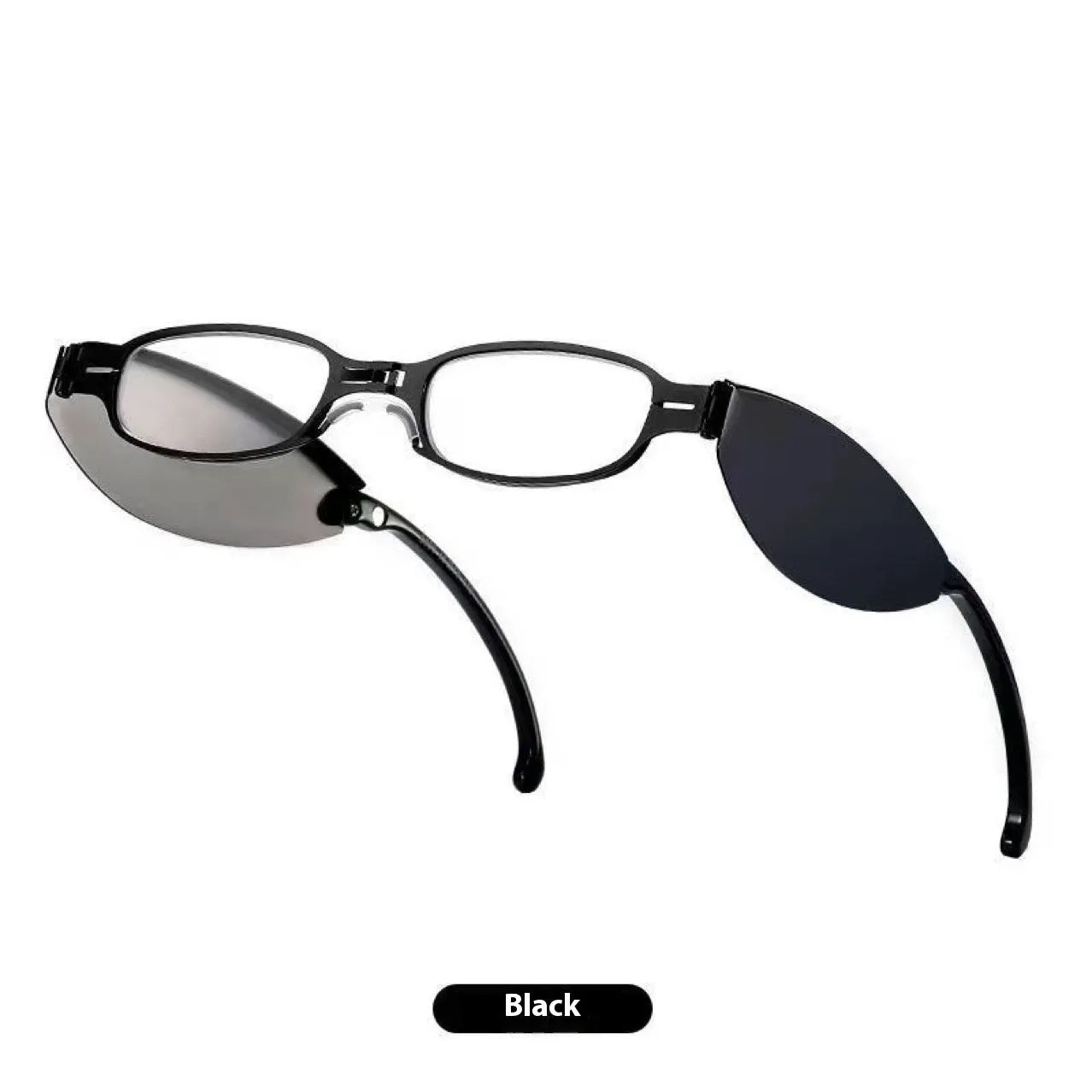 Black folding presbyopic glasses with retro ring-style frame, shown open and collapsed.