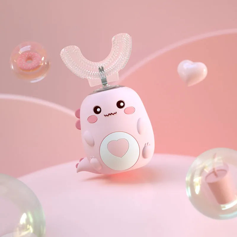 Children's electric toothbrush with food-grade silicone U-shaped head in Little Dinosaur design, 360-degree cleaning, USB charging