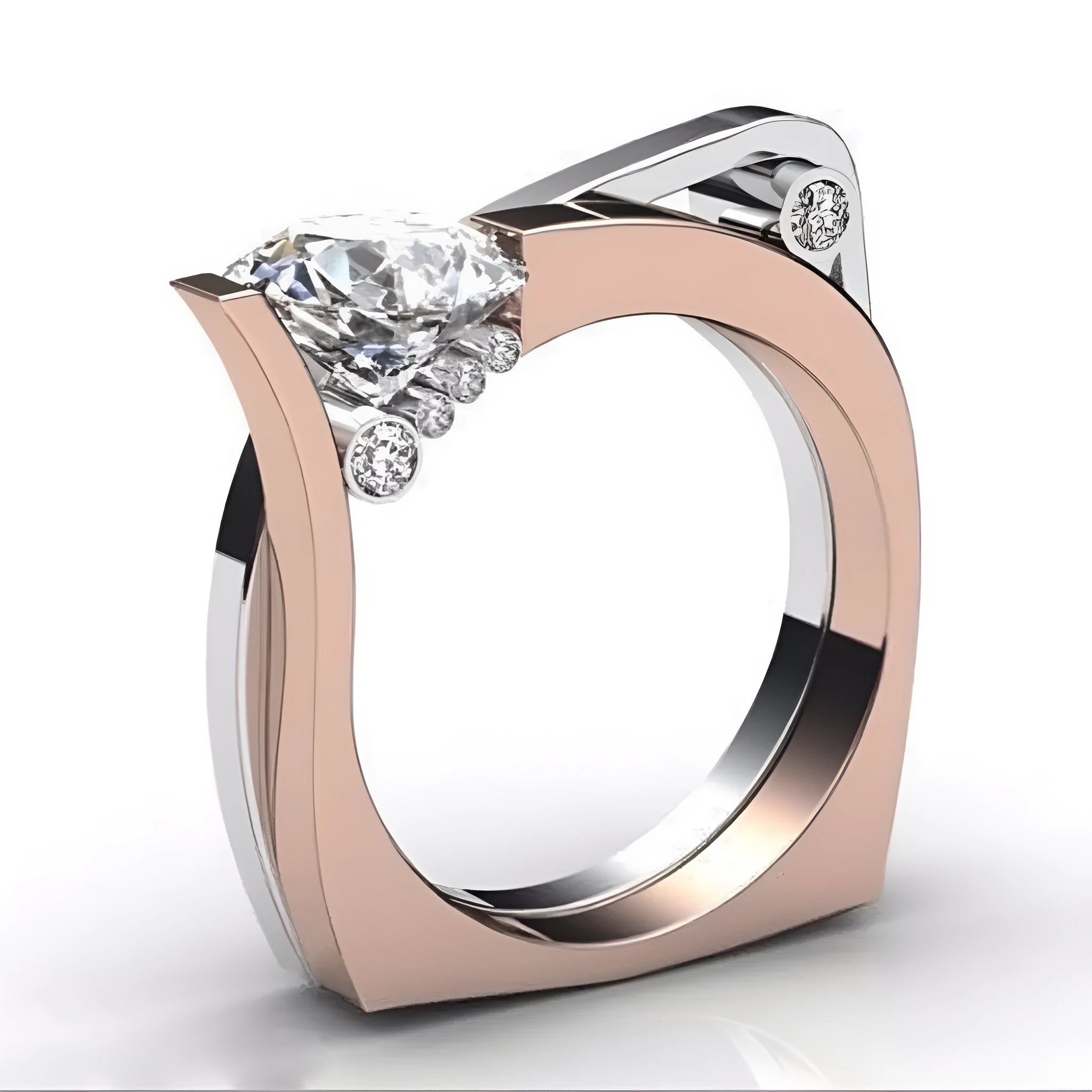 Geometric rose gold alloy couple ring with inlaid zircon stone on a grey background.