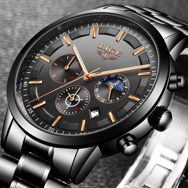 Men's waterproof quartz sports watch with 12mm case in black, blue, or rose gold colour options