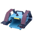 Blue desktop dual-axis belt sander with variable speed switch, shown with a 40mm abrasive belt fitted.