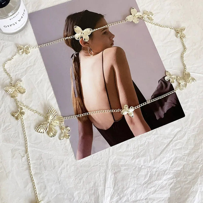 Gold butterfly waist chain body jewellery with retro styling and adjustable 104cm length
