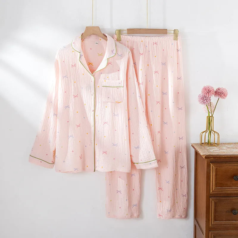 Women's cotton pajama set in pink or beige with long sleeves and trousers