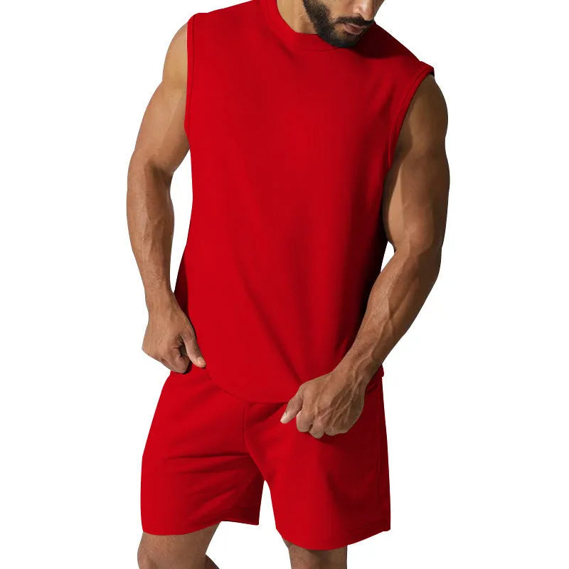 Men's sleeveless sports top and matching shorts casual set in cotton blend fabric