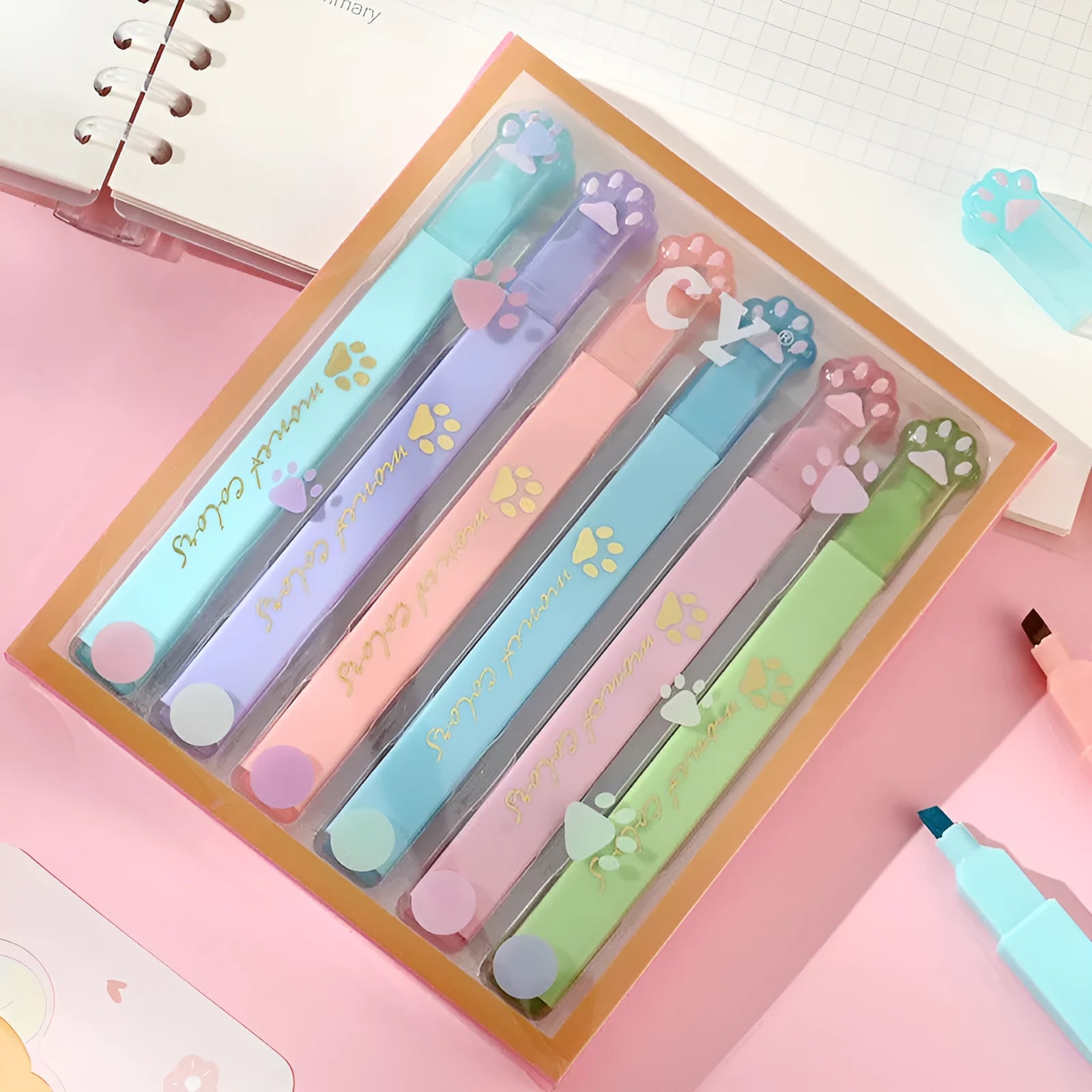 Cat's Paw fluorescent marking pen set showing six coloured pens with oblique heads in a box.