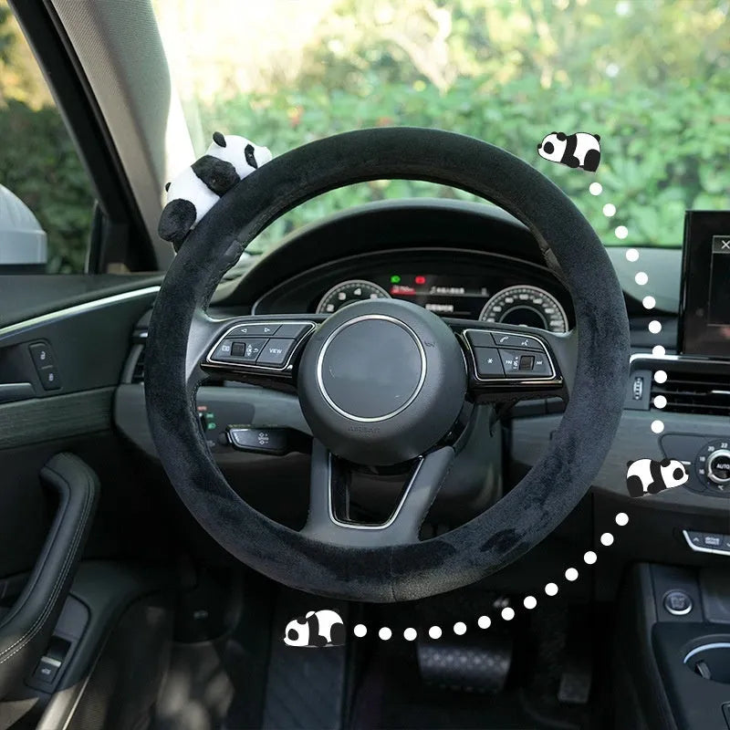 Black panda-themed steering wheel cover and matching shoulder pad for winter car use