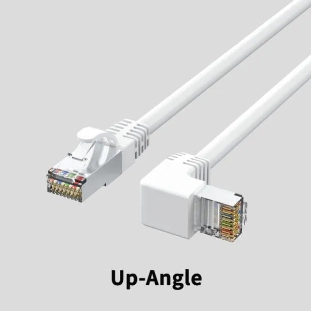 Coloured Cat6 Ethernet cable with a right-angled metal RJ45 connector plug in a choice of four orientations.