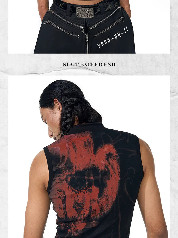 Half turtleneck slim-fit printed sleeveless T-shirt in black, front view, on model