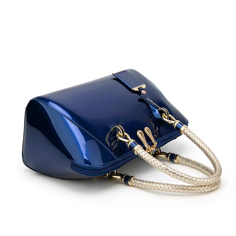 Patent leather shiny one-shoulder diagonal crossbody bag blue medium square vertical section with lock closure