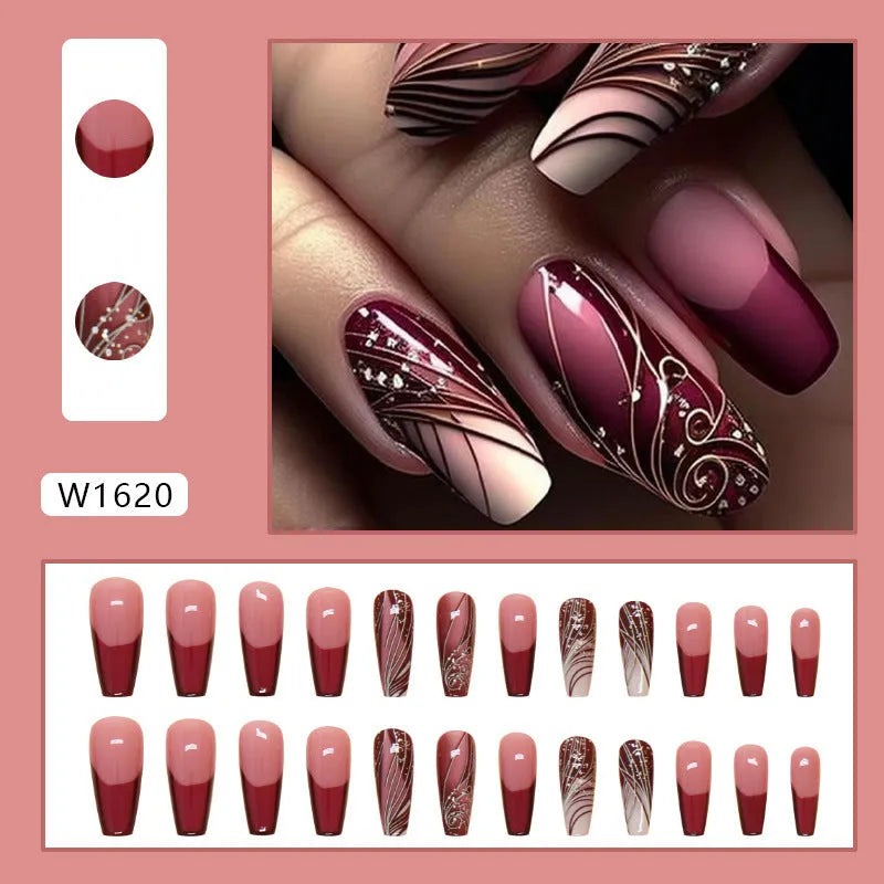 French line pattern fake nail stickers with glue tube on white background
