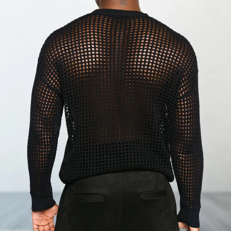 Thin round neck pullover sweater in black for women loose fit acrylic knit