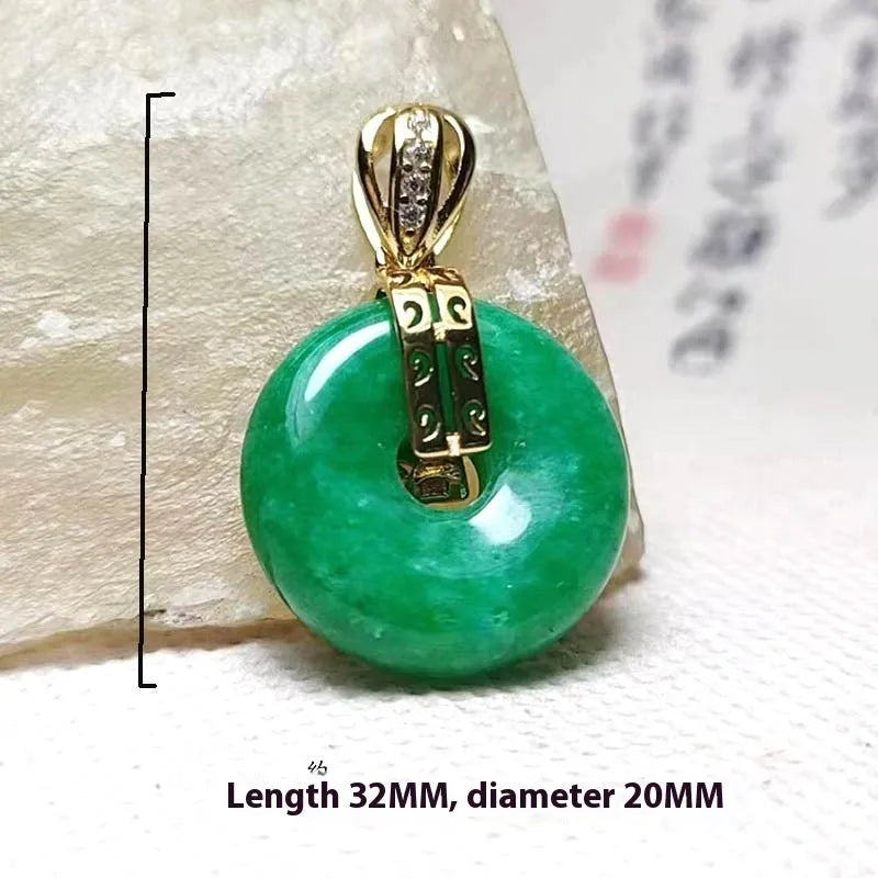 Vacuum electroplated emerald green jade pendant in safety buckle shape on white background