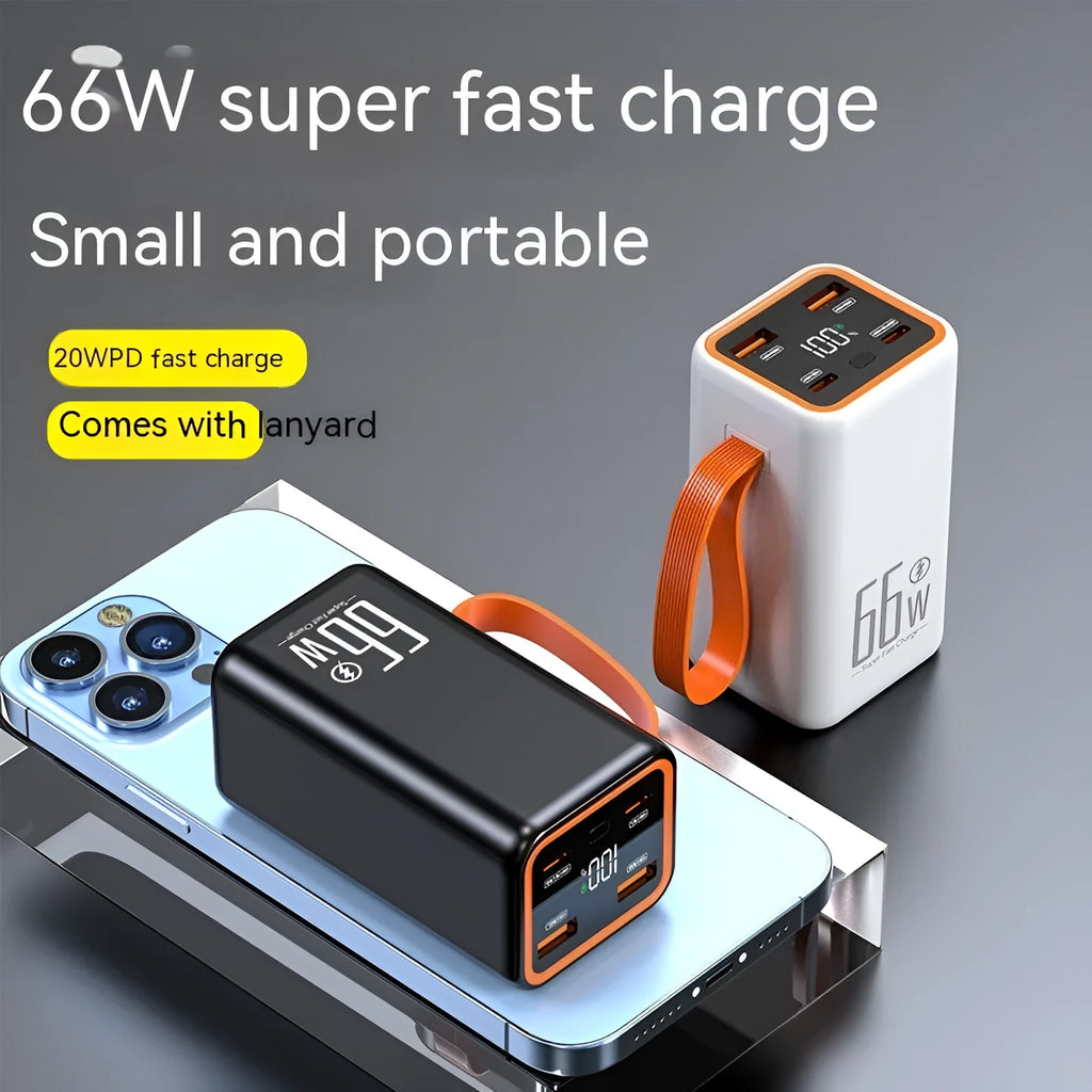 Black and white PD66W 20000mAh fast charge power bank showing front view and size.