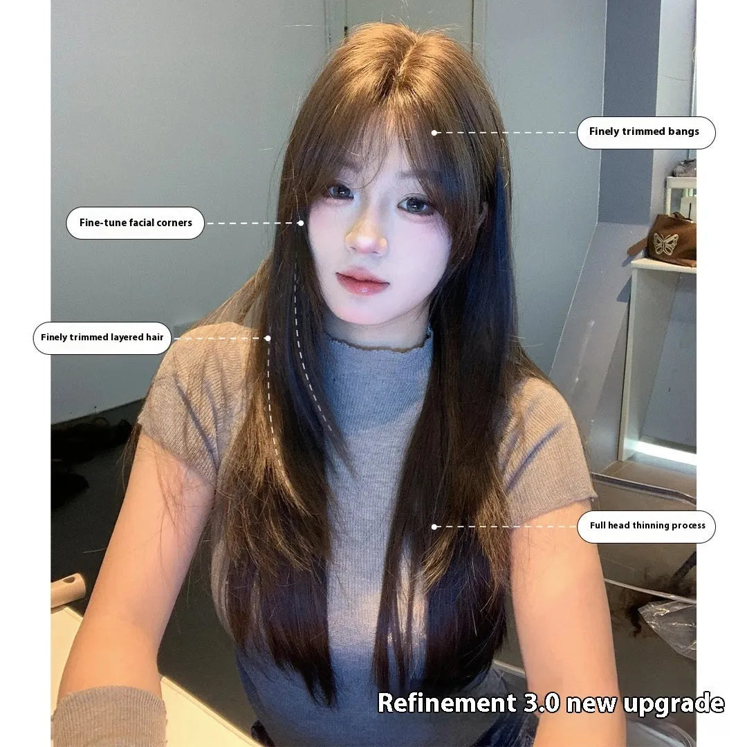Cold brown layered long straight full-head synthetic wig with lace style construction