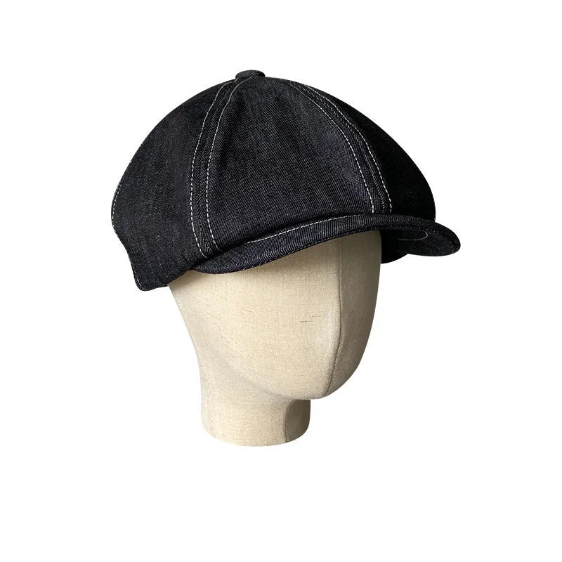 Black cotton beret hat with octagonal shape and Japanese Denim fabric construction
