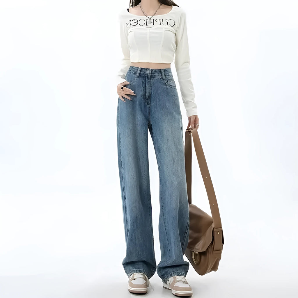Women's retro blue high-waist wide-leg straight jeans on a neutral background