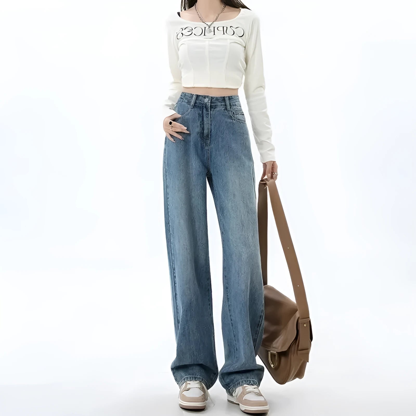 Women's retro blue high-waist wide-leg straight jeans on a neutral background