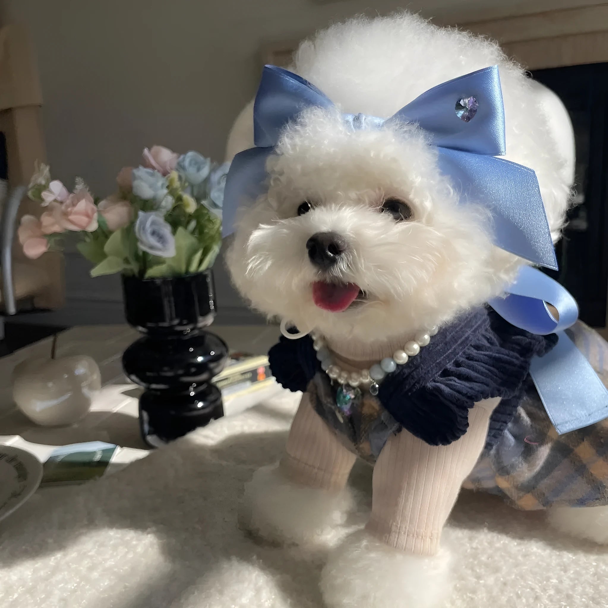 A blue dog hair band with a large princess-style bow and adjustable tension strap on a white background.