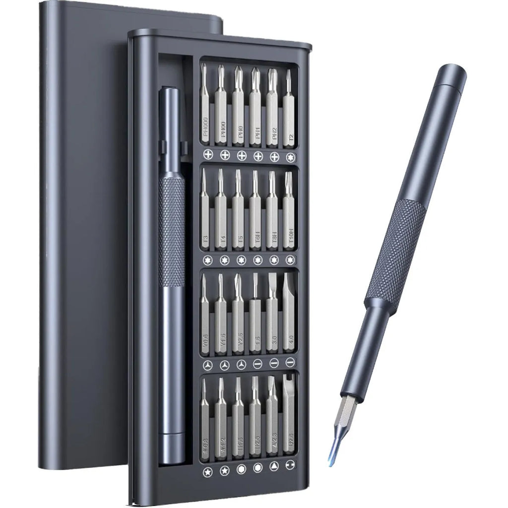 25-in-one magnetic precision screwdriver set with chrome vanadium steel bits and black ABS handle.
