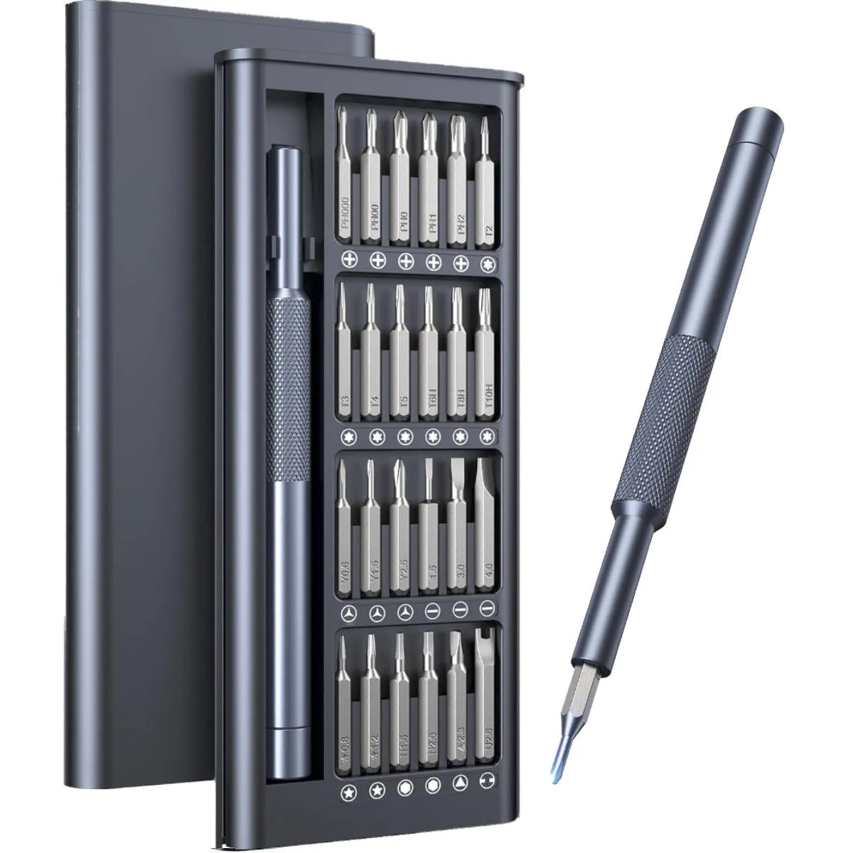 25-in-one magnetic precision screwdriver set with chrome vanadium steel bits and black ABS handle.
