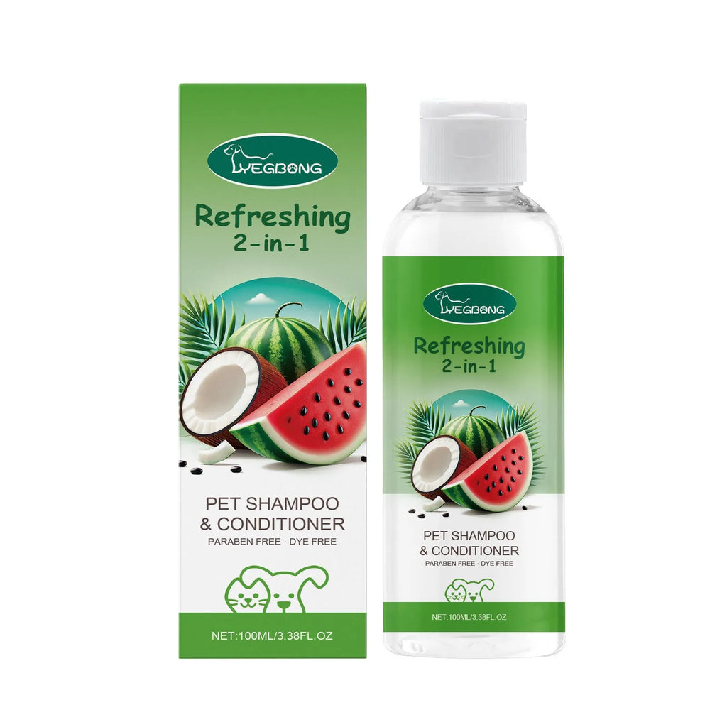 A 100ml bottle of pet 2-in-1 shampoo shower gel with watermelon and coconut fragrance.