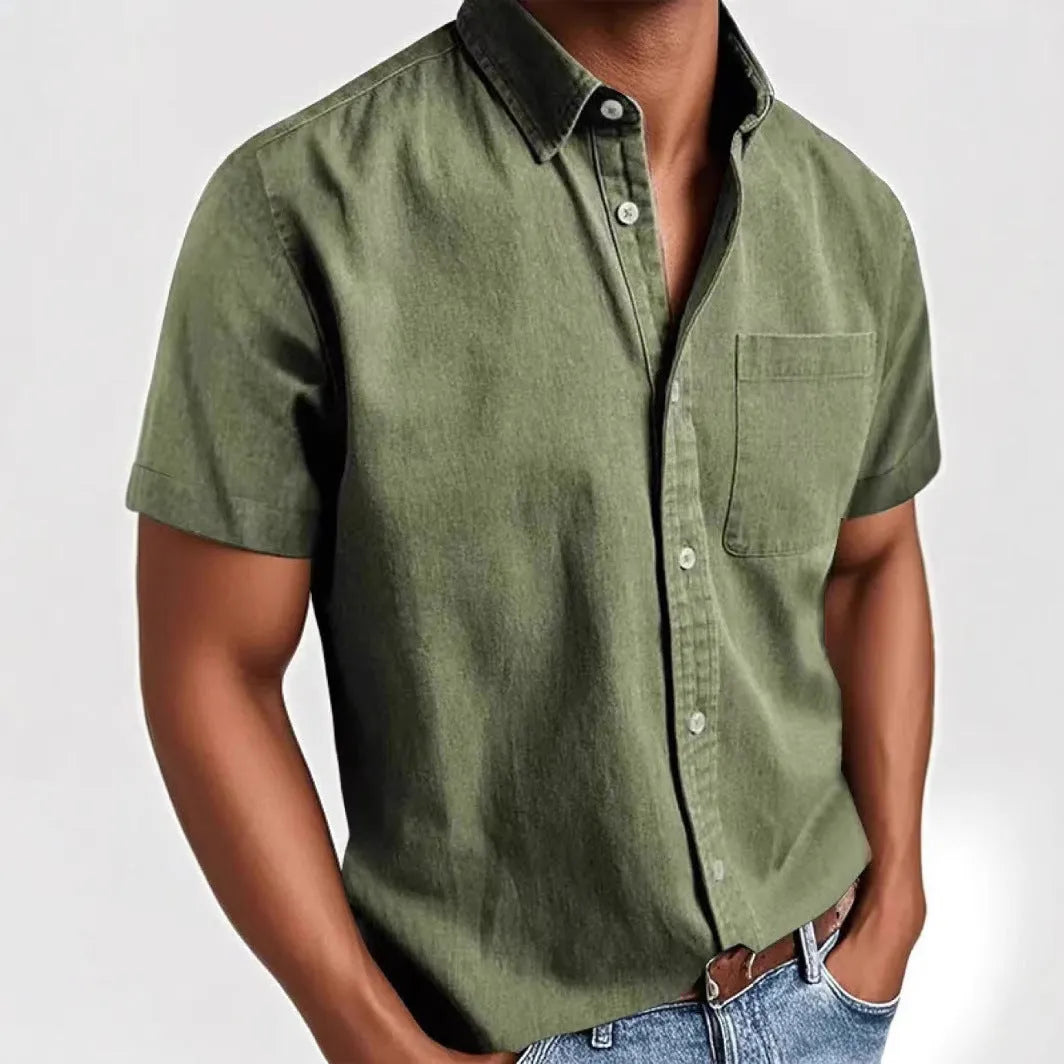 Men's short sleeve cotton blend shirt in cardigan style with loose fit