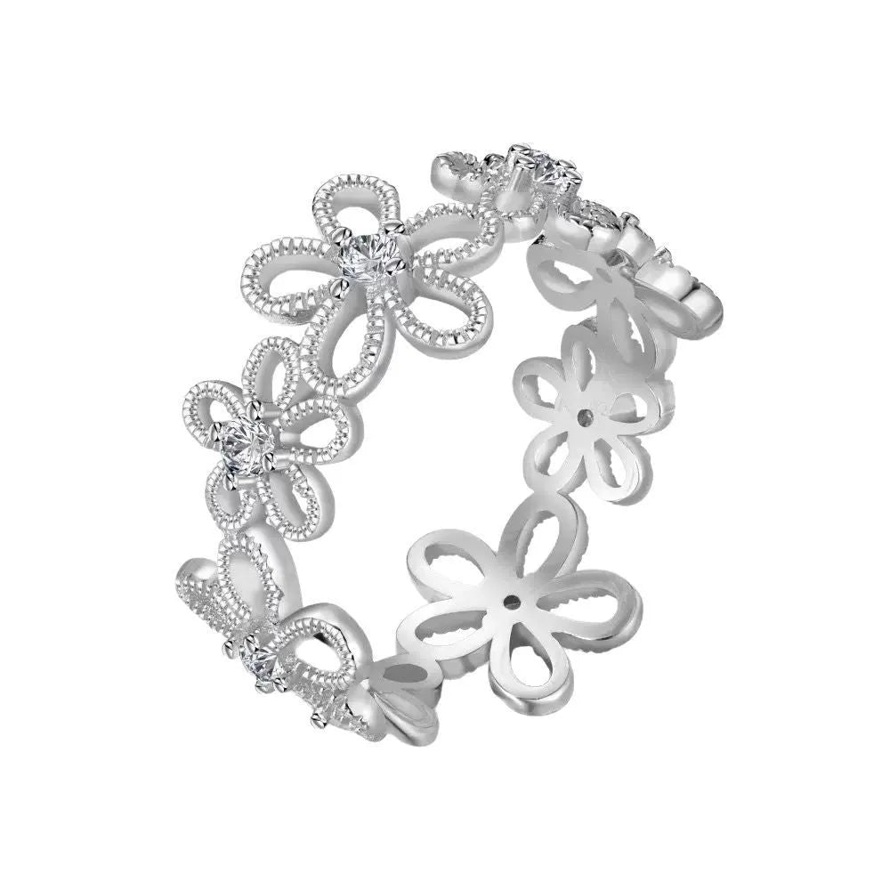 Lace hollow five petal flower ring on finger, copper electroplated finish, flower and geometric shape, women's Japan Korea style accessory