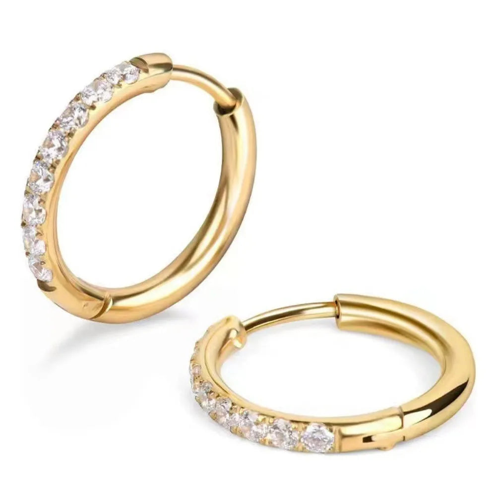 Gold diamond-studded stainless steel earrings on display showing post-back closure, available in 8mm 10mm and 12mm lengths