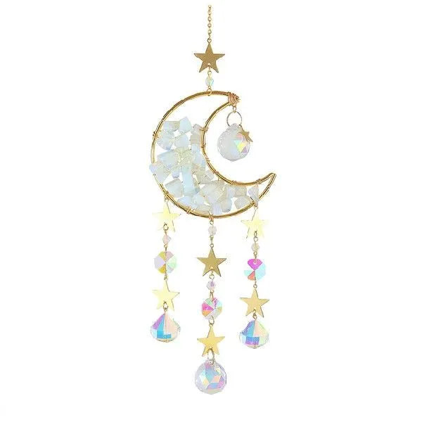 K9 crystal moon car pendant hanging on a metal chain, shown in a blue colour option.