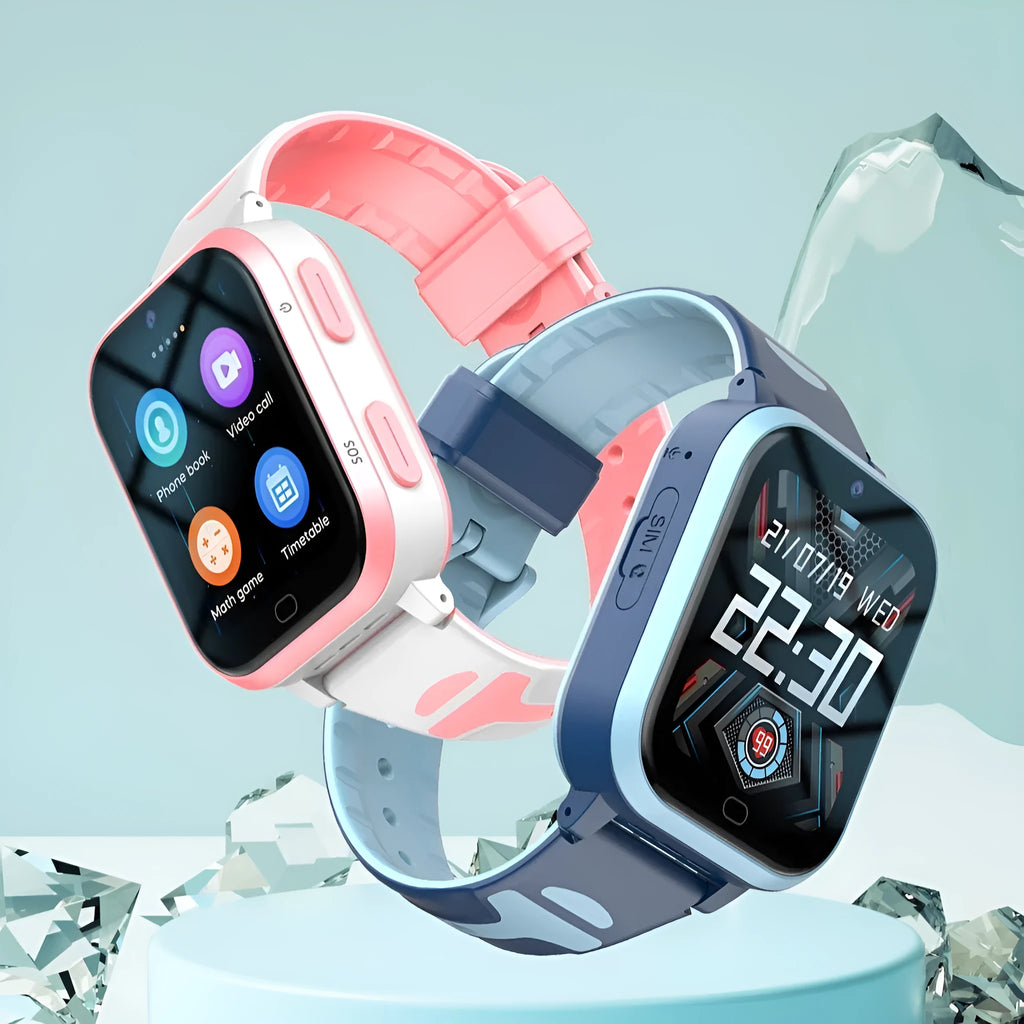 Child smart watch phone in black, blue, and pink colours with 1.83-inch screen and wrist strap