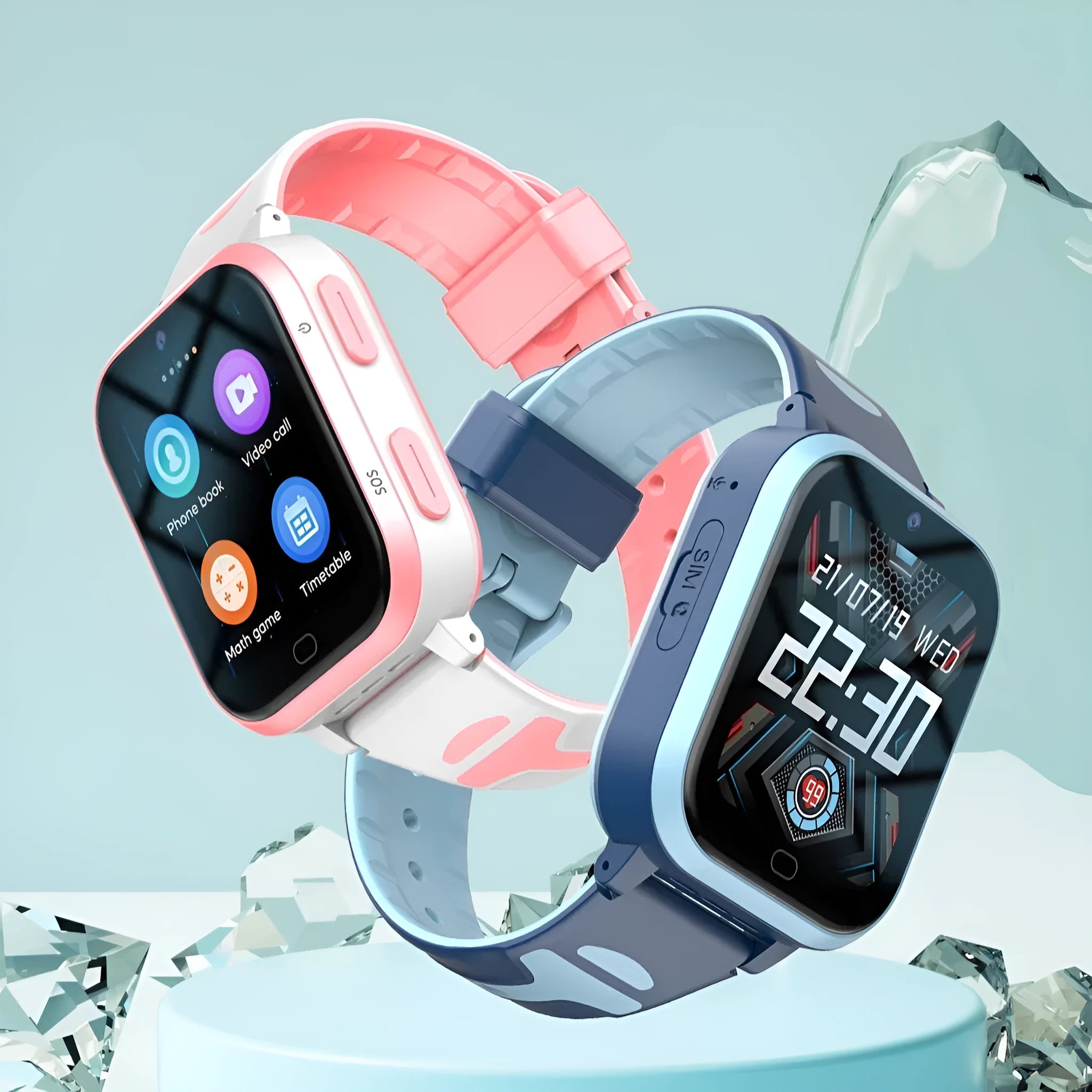 Child smart watch phone in black, blue, and pink colours with 1.83-inch screen and wrist strap