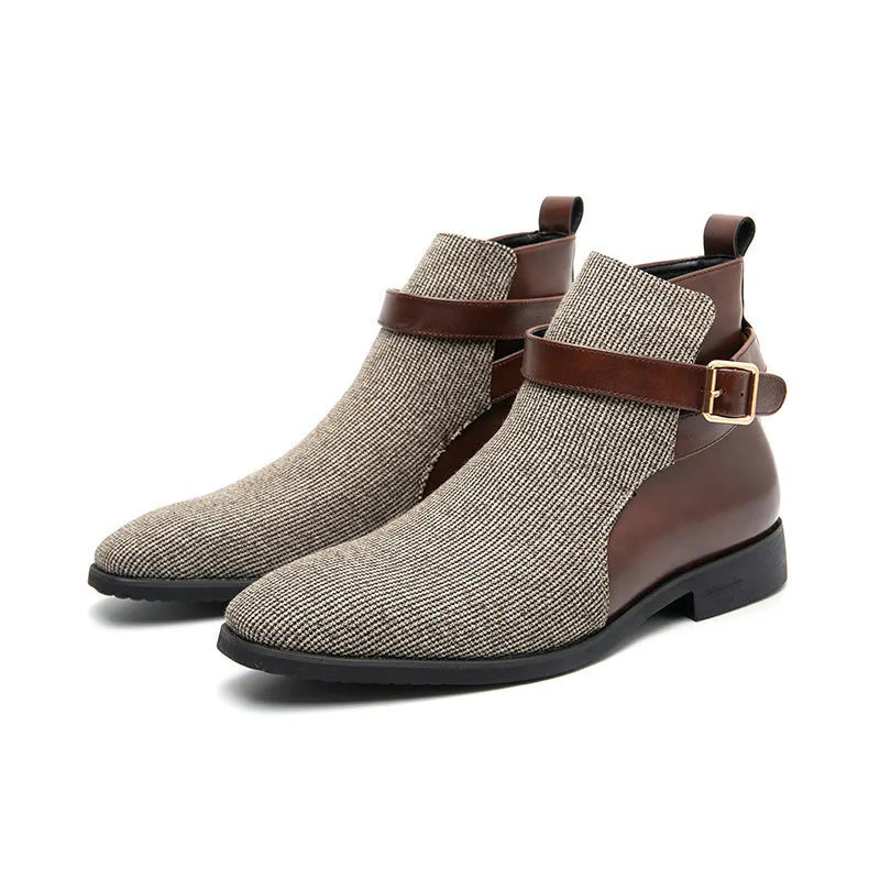 Men's high top retro platform biker boots in beige with colour block stitching and rubber sole