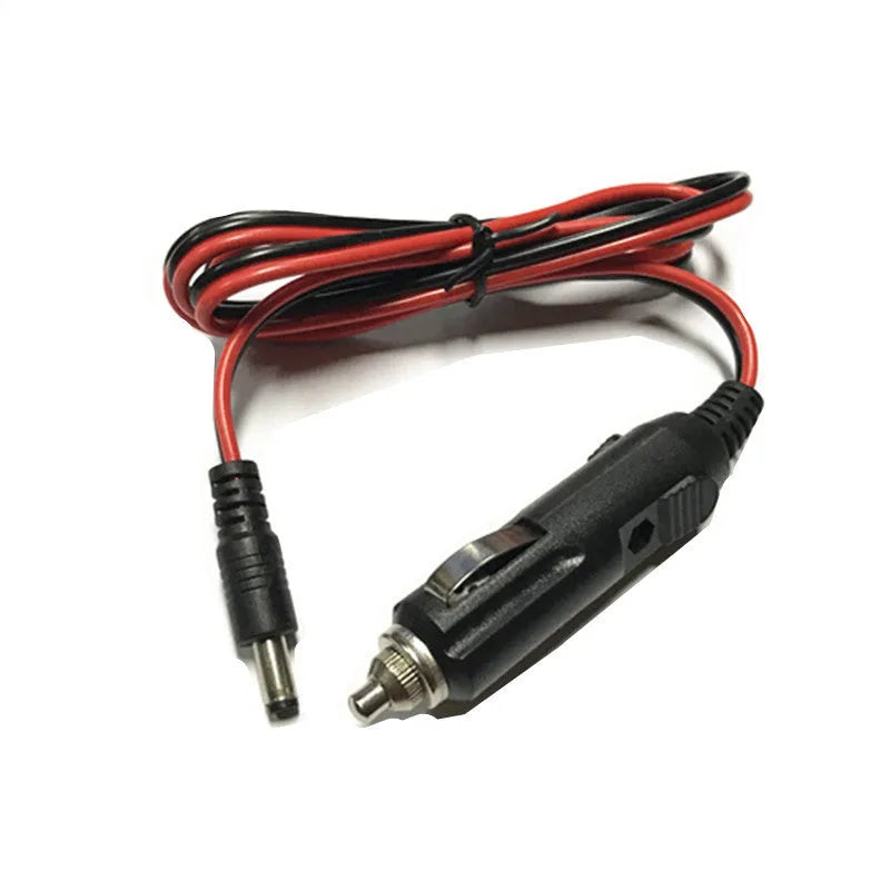 Black 12V car cigarette lighter charging cable with DC5.5mm plug showing 1.2 metre length and built-in indicator light