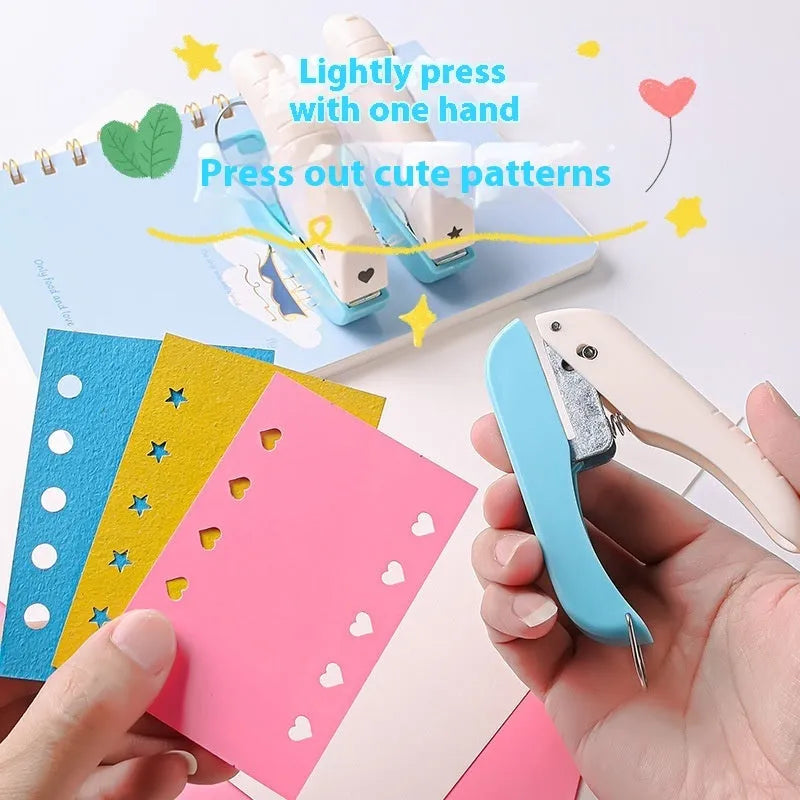 Manual embossing punching machine for creating small 4mm love, star, and round patterns on paper.