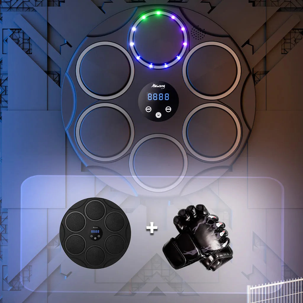 Black wall-mounted boxing target with coloured LED lights and Bluetooth connectivity for smart fitness training