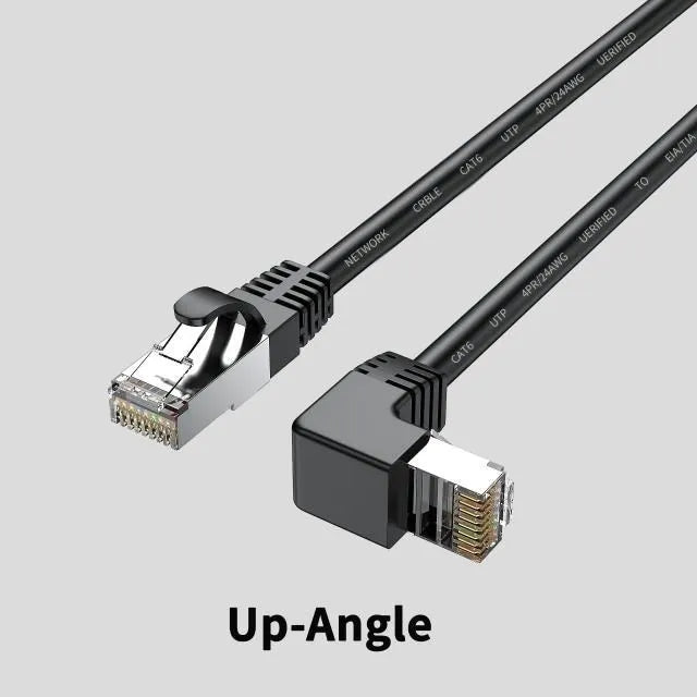 Coloured Cat6 Ethernet cable with a right-angled metal RJ45 connector plug in a choice of four orientations.