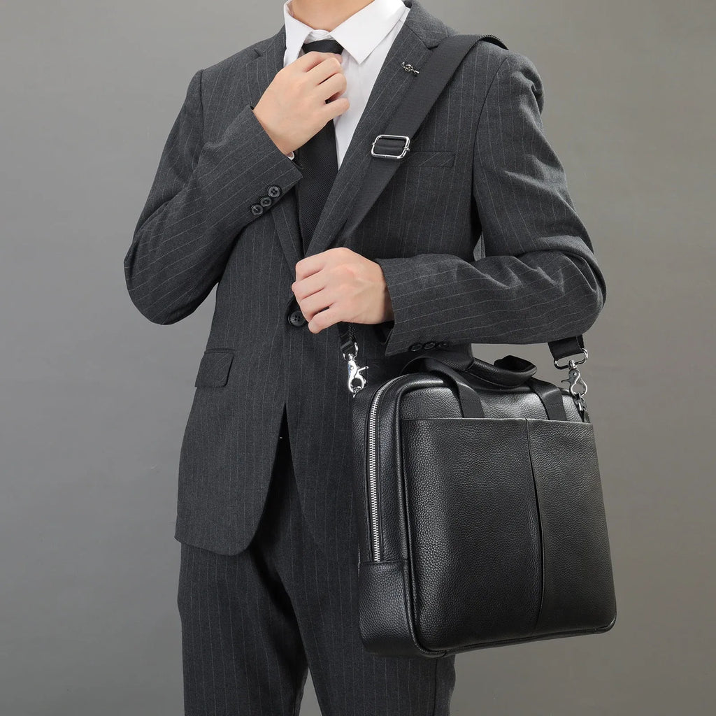 Genuine leather large capacity horizontal briefcase for men in black, first layer cowhide exterior with sewing line detailing