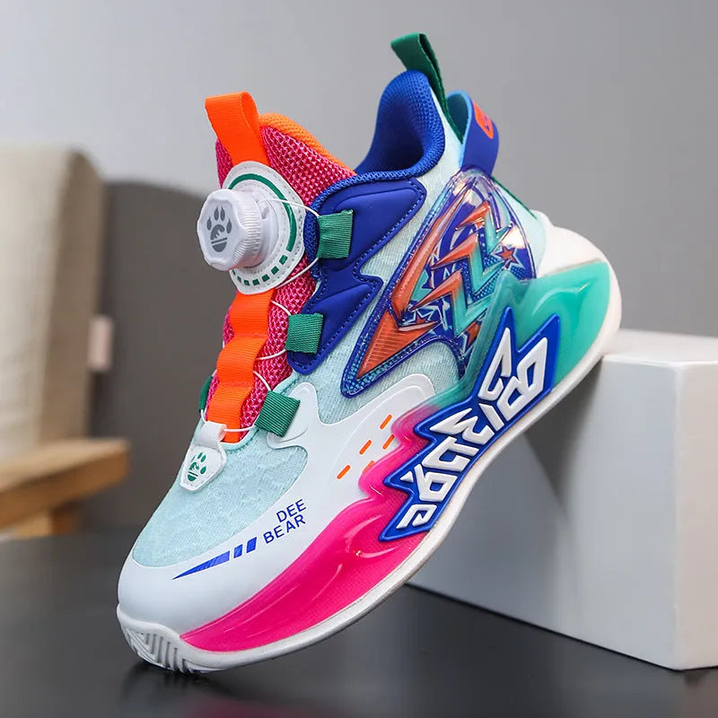 Children's mesh breathable basketball shoe in black, white blue, and purple colour options with lace-up closure