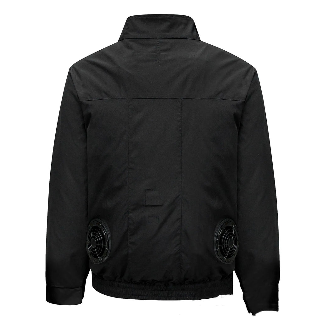 Men's black cooling work jacket with multiple ventilation holes for outdoor summer use