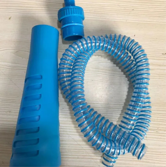 Blue suction pipe vacuum cleaner attachment with round head, 114cm length and three opposing bags for washing machine cleaning
