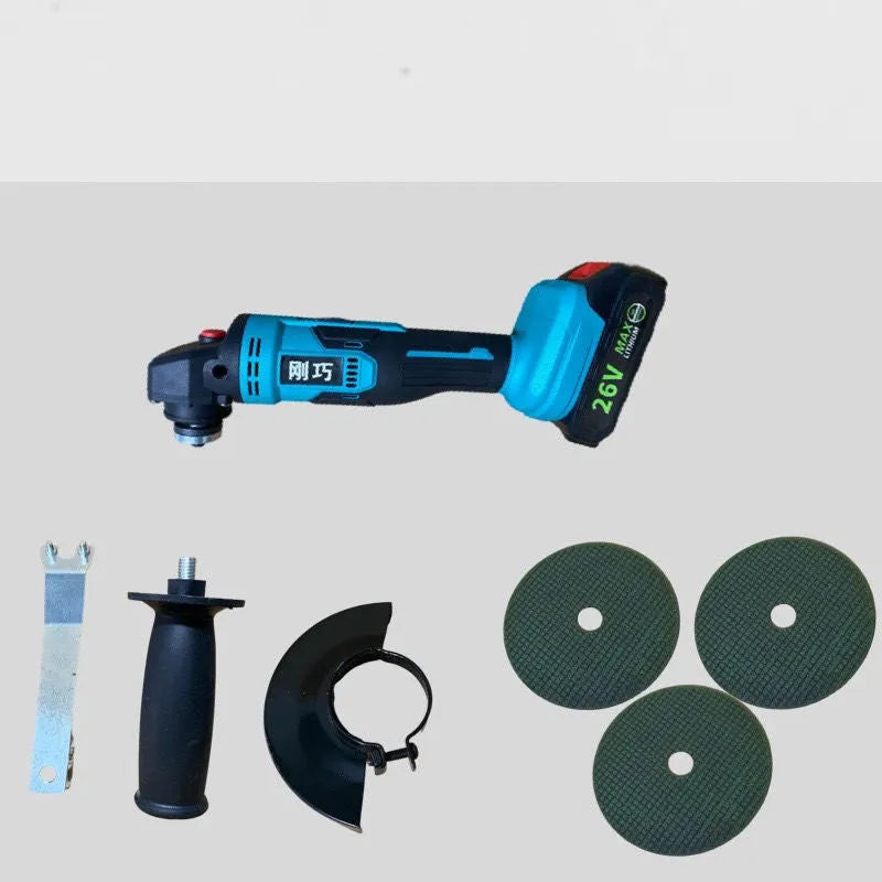 Mini 26V cordless angle grinder with lithium battery and three saw blades for cutting tiles and pipes