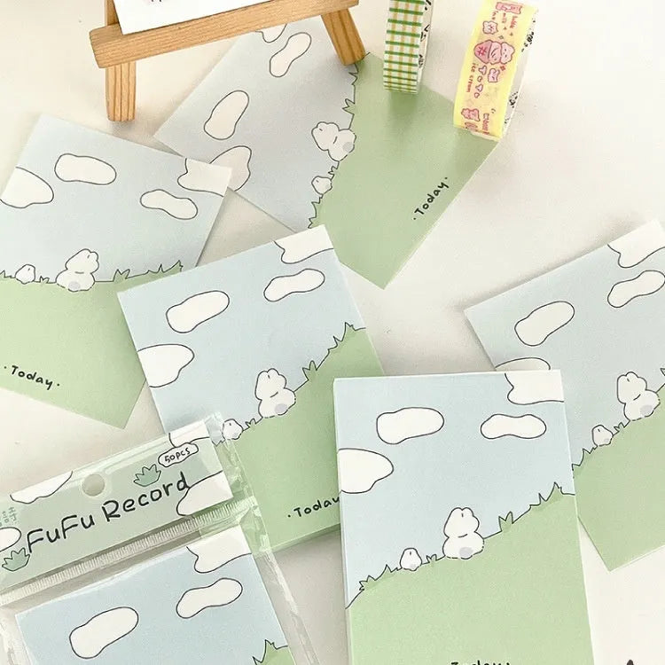 Cartoon sticky note pad with heart-themed designs in six styles including Puppy Diary and Rabbit Weekly Notes.