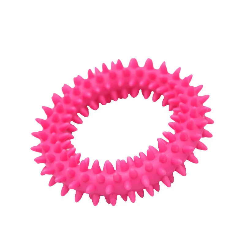Blue spiky TPR circle dog chew toy with dental nubs, shown next to a measuring tape showing 9.5cm.