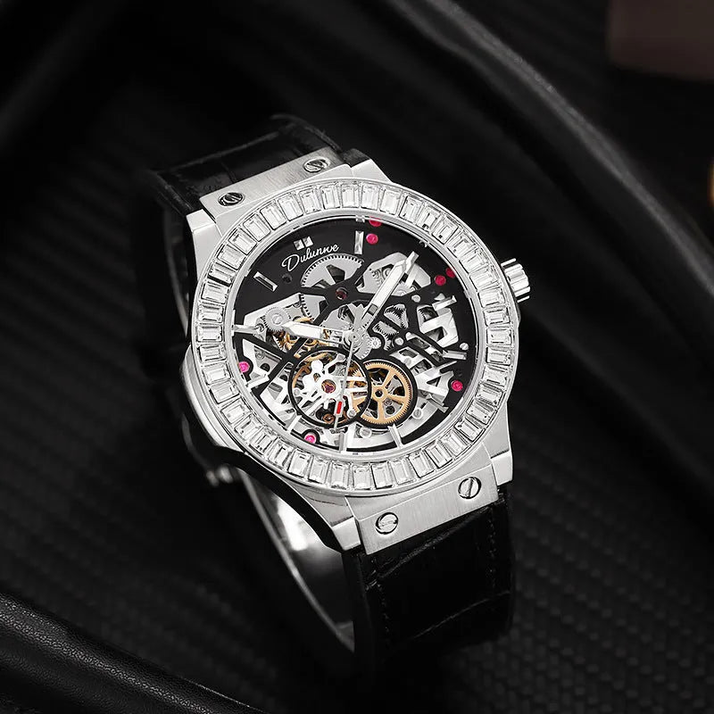 Automatic mechanical men's watch with hollow dial, diamond studs, and a white shell case.