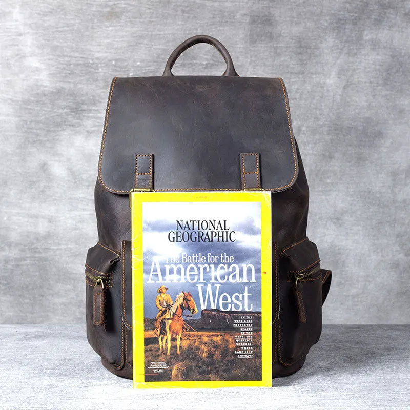 Brown retro crazy horse leather backpack with double shoulder straps and denim lining