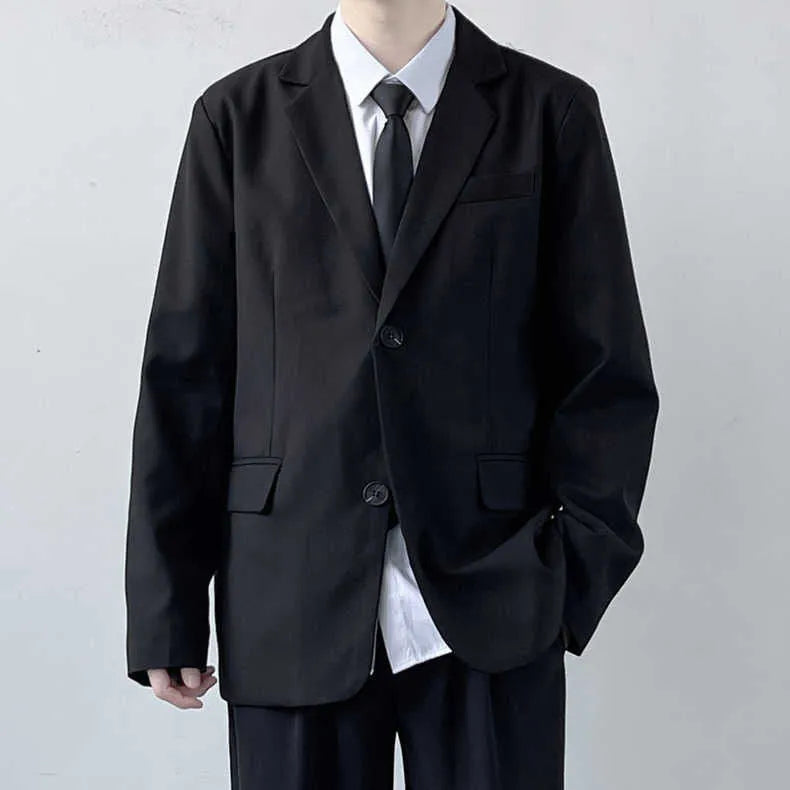 Plus size men's college style suit set featuring a jacket, trousers, white shirt and tie on a hanger.